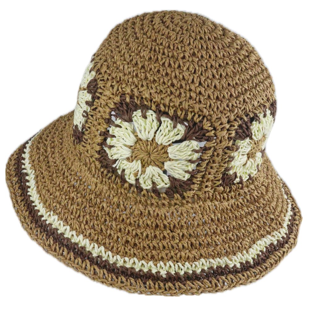Crochet Straw Sun Hats for Women, Wide Brim Beach Floral Fisherman Hat Casual Woven Raffia Foldable Cap for Summer Holiday (Khaki)