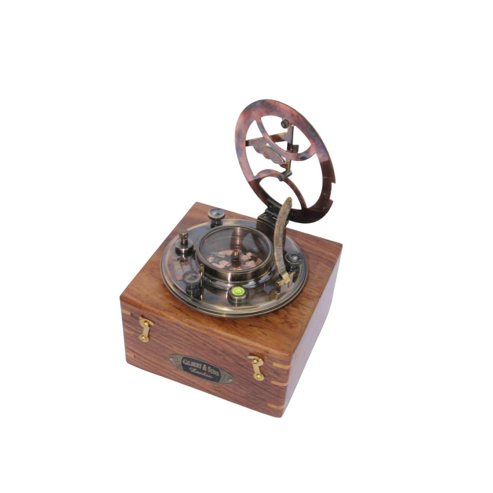 Antique Brass Sundial Compass with Wooden Box Nautical Push Open Pocket Compass for Traveling Camping Hiking Tool, 4 Inch, As Show In Image