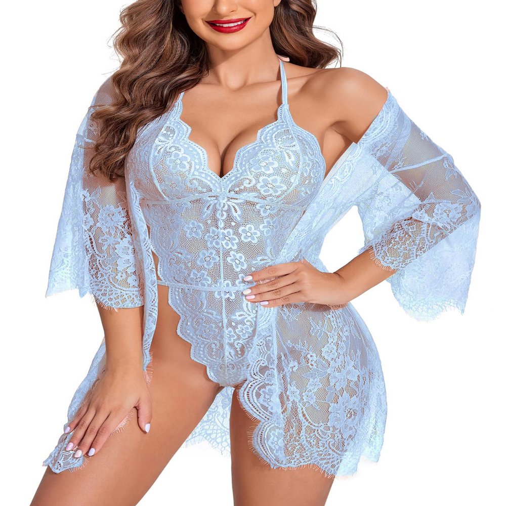 Avidlove sheer lingerie cover up Women's Lace Kimono Robe Teddy Deep V Sexy Lace Bodysuit