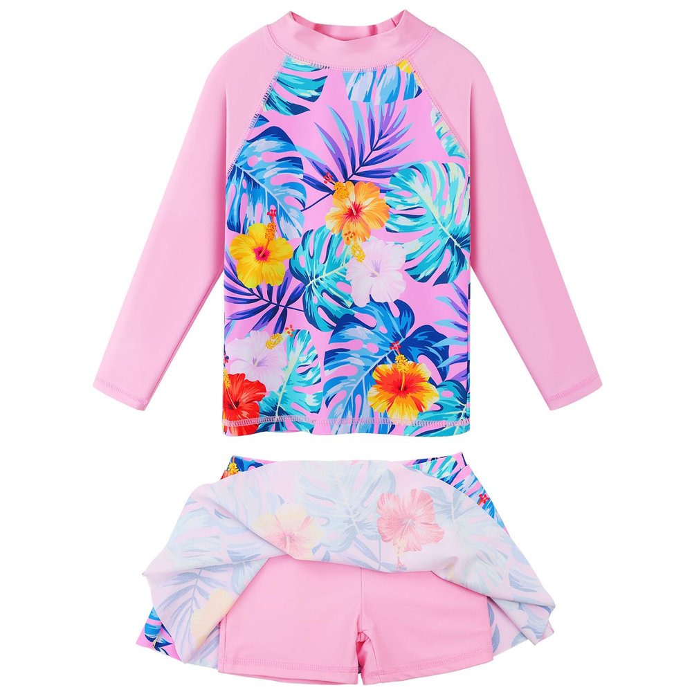 Girl's Two-Piece Long Sleeve Swimsuits UPF50+ Rash Guard Kids Bathing Suit S379_PinkFlower_12A