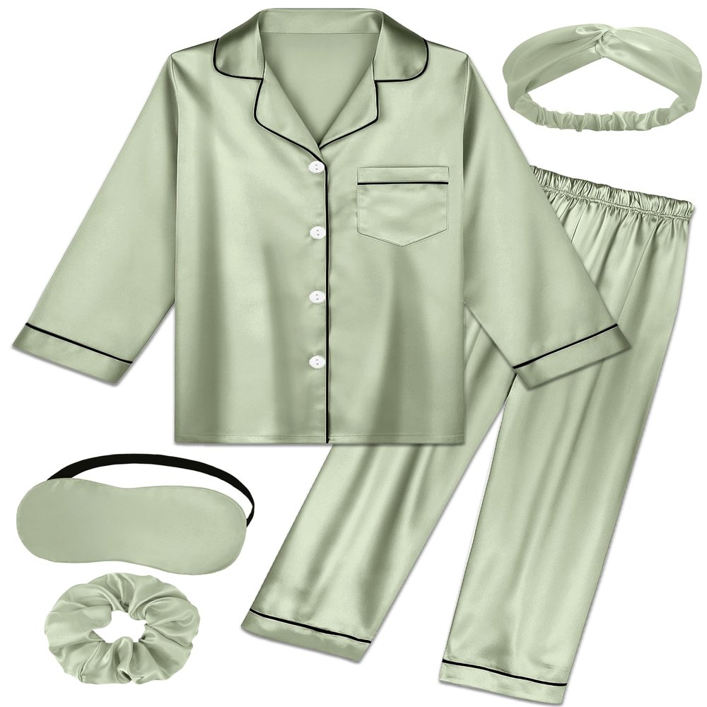 ALHAVONE Kids Girl Pajama Set with Headband Blindfold Hair Tie Toddler Boy Girl Satin Silky Button-up Pajama Sleepwear (Sage green-long, 150)