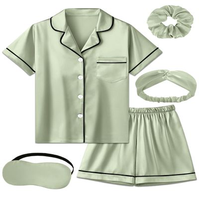 ALHAVONE Kids Girl Pajama Set with Headband Blindfold Hair Tie Toddler Boy Girl Satin Silky Button-up Pajama Sleepwear (Sage green-short, 130)