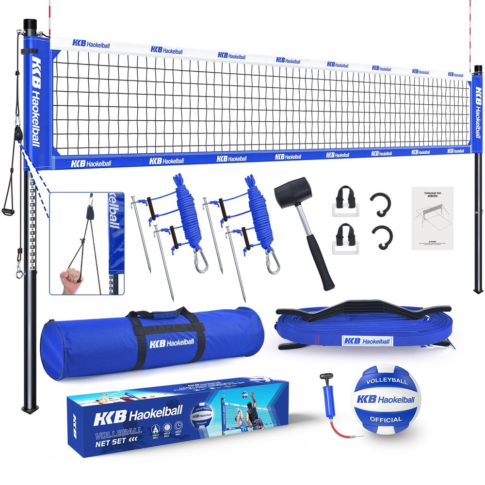 Haokelball Outdoor Portable Heavy Duty Volleyball Net Set for Backyard with Adjustable Height Poles, Anti-Sag System, Volleyball, Pump, Boundary Line, Carry Bag & Gift Box