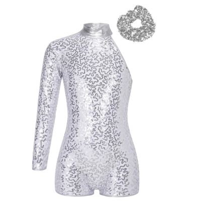 JEATHA Kids Girls Gymnastics Outfits Cheer Uniform Sequins Single Long Sleeve Ballet Dance Leotards with Hair Tie Silver 14 Years