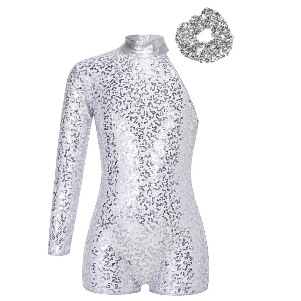 JEATHA Kids Girls Gymnastics Outfits Cheer Uniform Sequins Single Long Sleeve Ballet Dance Leotards with Hair Tie Silver 14 Years