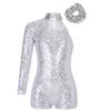 JEATHA Kids Girls Gymnastics Outfits Cheer Uniform Sequins Single Long Sleeve Ballet Dance Leotards with Hair Tie Silver 14 Years view 1