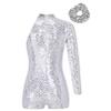 JEATHA Kids Girls Gymnastics Outfits Cheer Uniform Sequins Single Long Sleeve Ballet Dance Leotards with Hair Tie Silver 14 Years view 2