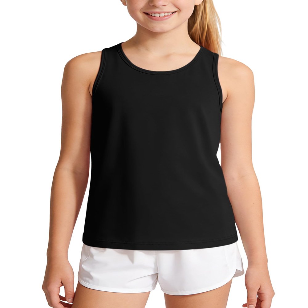Auranso Girls Tank Tops Racerback Sleeveless UPF 50+ Quick Dry Kids Athletic Shirts Sports Dance Workout Tops Black 9-10 Years