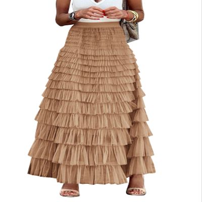 Flygo Women's Long Maxi Tulle Skirts A Line Ruffle High Waisted Tiered Layered Mesh Tutu Skirt Petticoat(Khaki-S)