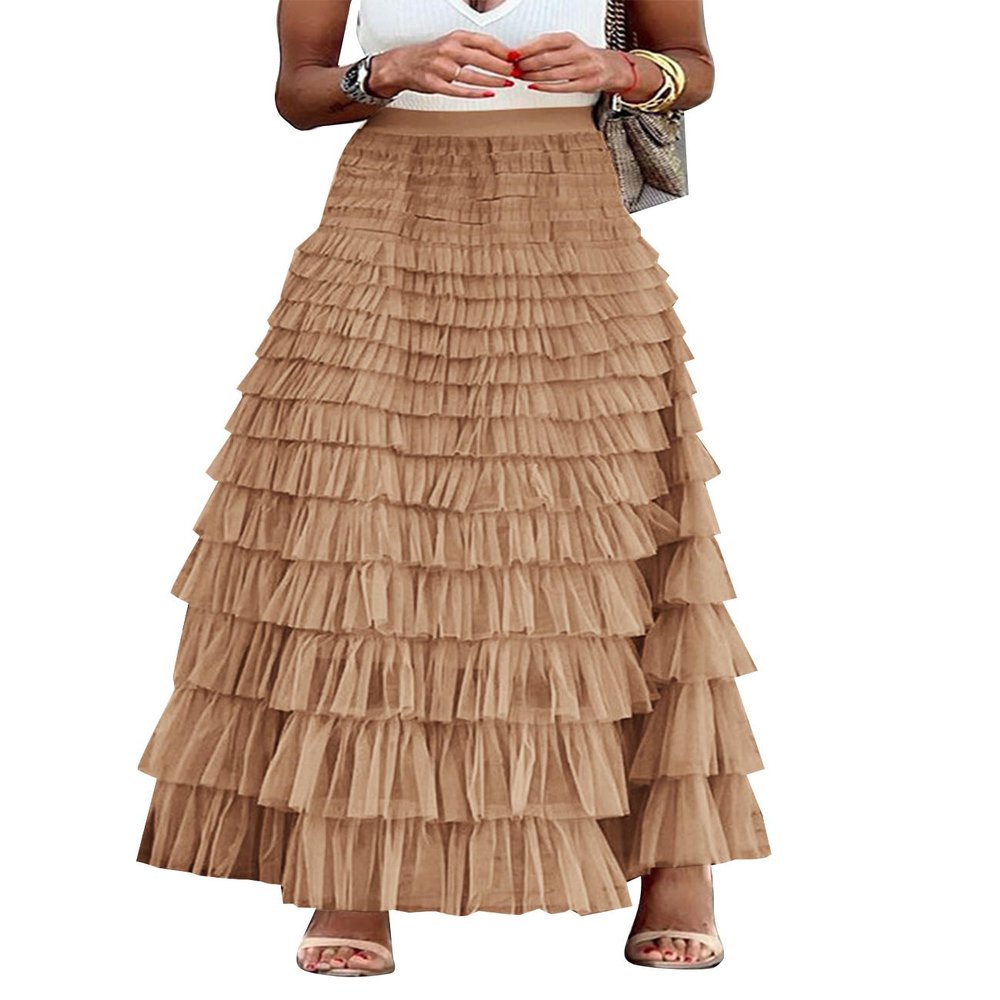 Flygo Women's Long Maxi Tulle Skirts A Line Ruffle High Waisted Tiered Layered Mesh Tutu Skirt Petticoat(Khaki-S)