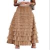 Flygo Women's Long Maxi Tulle Skirts A Line Ruffle High Waisted Tiered Layered Mesh Tutu Skirt Petticoat(Khaki-S) view 1