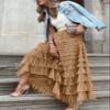 Flygo Women's Long Maxi Tulle Skirts A Line Ruffle High Waisted Tiered Layered Mesh Tutu Skirt Petticoat(Khaki-S) view 2