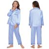 Kids Girl Pajama Set with Headband Blindfold Hair Tie Toddler Boy Girl Satin Silky Button-up Pajama Sleepwear (Dusty Blue-long, 140) view 2