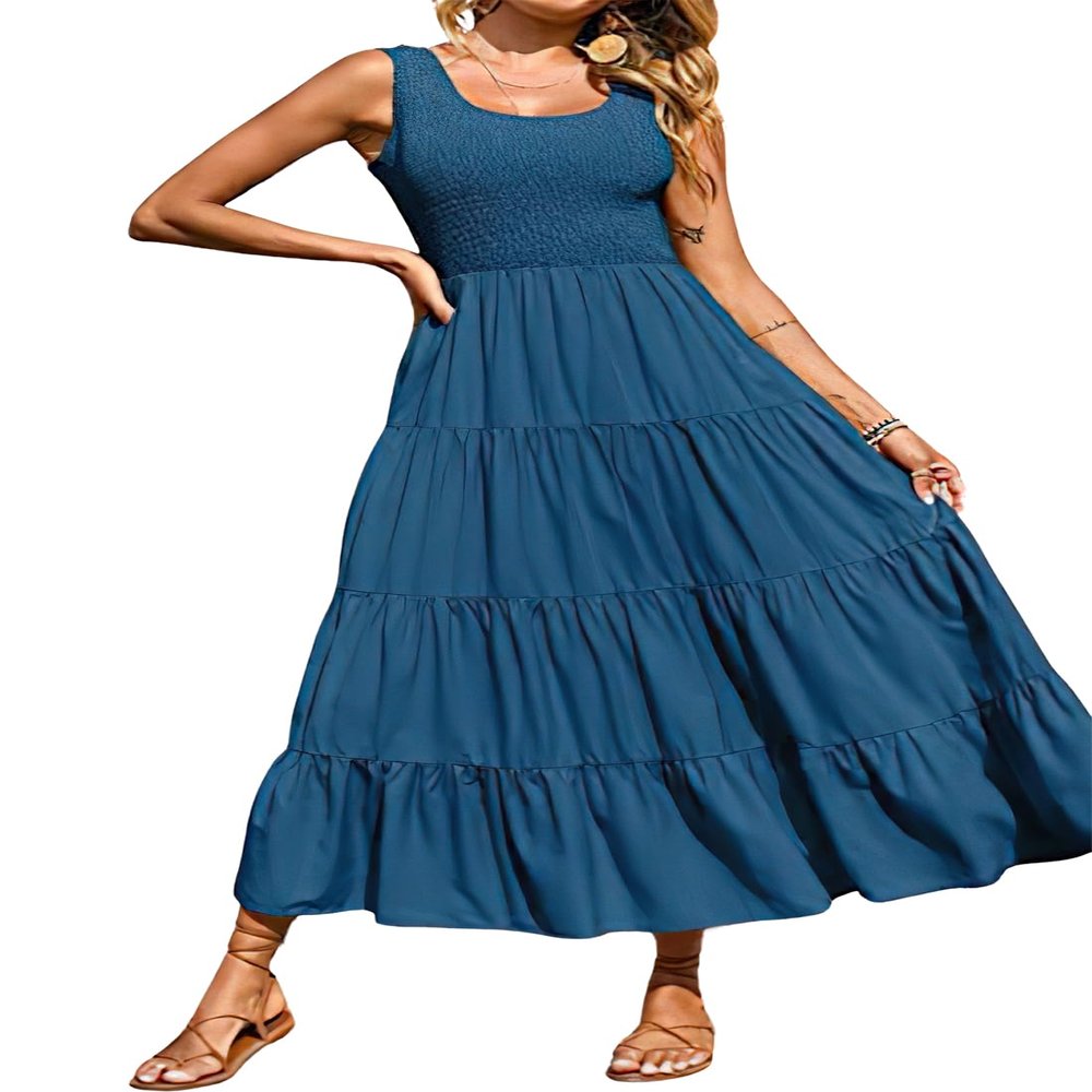 ebossy Women's Stretchy Smocked Tank Dress Sleeveless A-Line Swing Tiered Slim Midi Sundress (M, Peacock Blue 1)