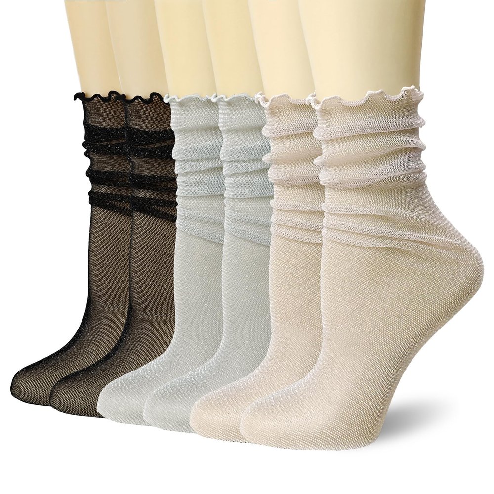 bropapa 3Pack Women's Sheer Glitter Socks Ruffle Frilly Metallic Sparkle Shiny Slouch Socks Soft Tulle Fashion Party Girls Gift