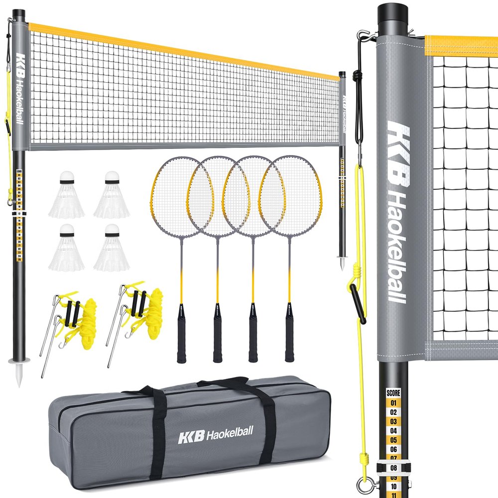 Haokelball Outdoor Badminton Net Set with Anti-Sag Winch System - 20ft Badminton Net, 4 Rackets, 3 Shuttlecocks & Carry Bag, Badminton Set for Backyard, Grass, Beach, Holiday Games