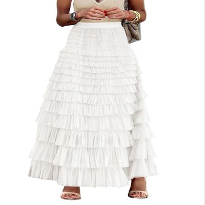 Flygo Women's Long Maxi Tulle Skirts A Line Ruffle High Waisted Tiered Layered Mesh Tutu Skirt Petticoat(White-M)