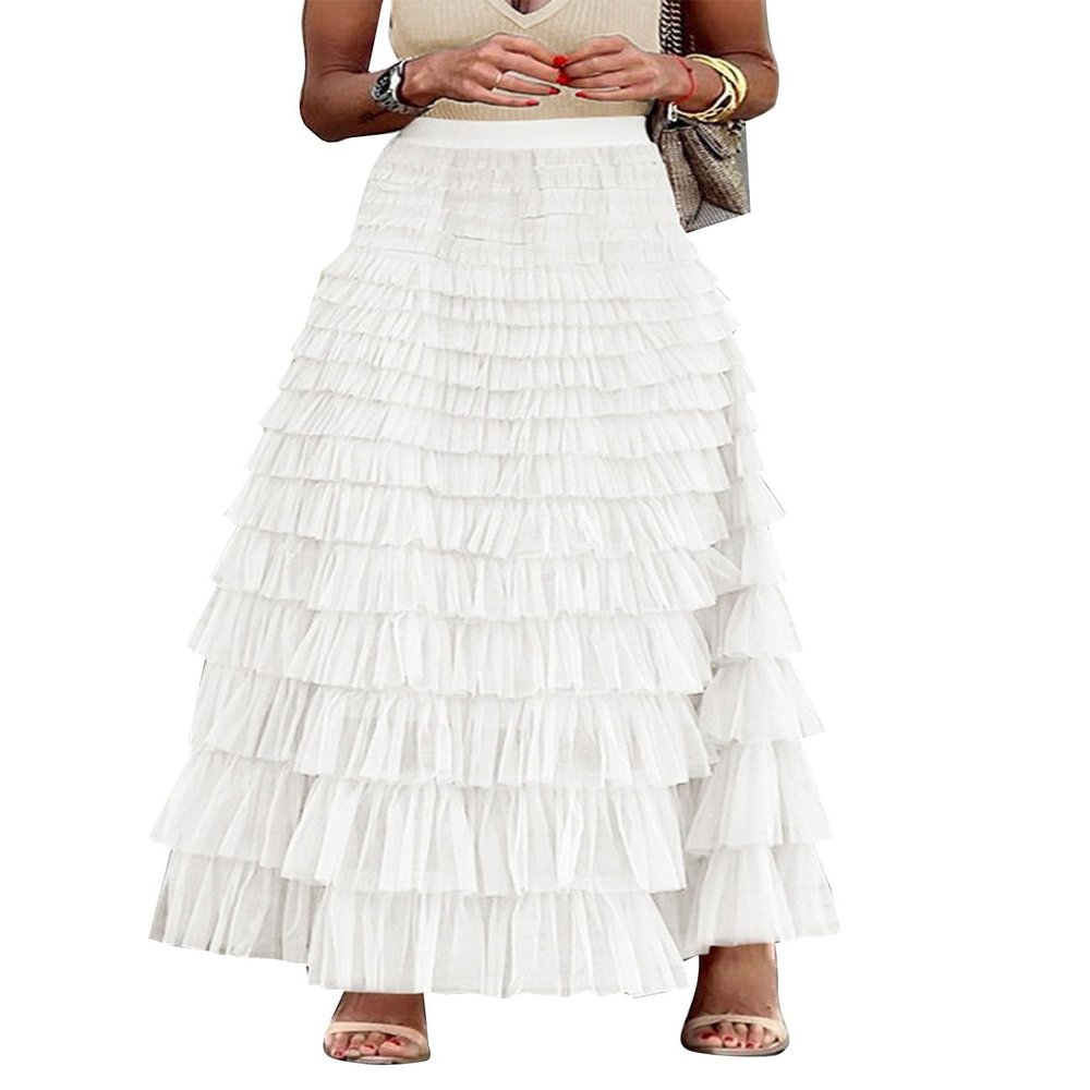 Flygo Women's Long Maxi Tulle Skirts A Line Ruffle High Waisted Tiered Layered Mesh Tutu Skirt Petticoat(White-M)
