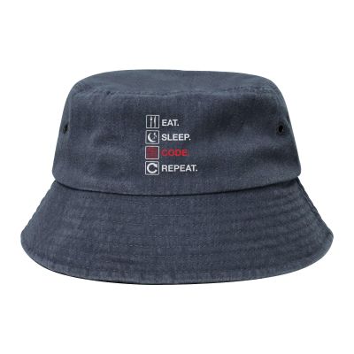 Computer Science Programmer Eat Sleep Code Unisex Sunhat Packable Boonie Vintage Denim Bucket Hat Fishing Cap Fisher Headwear