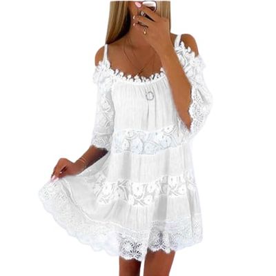 Women Summer Boho Lace Floral Cold Shoulder Midi Dress Spaghetti Strap Half Sleeve Casual Plus Size Flowy Beach Tunic Sun Dress