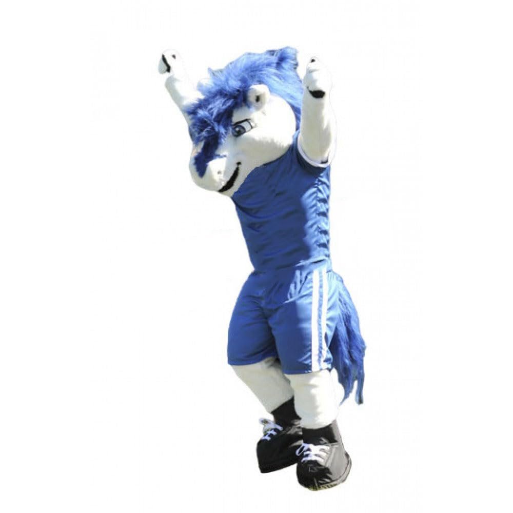 College Sport Horse Mascot Costume in Blue Suit Adult Size for Men & Women with Built-in Fan Inside the Head