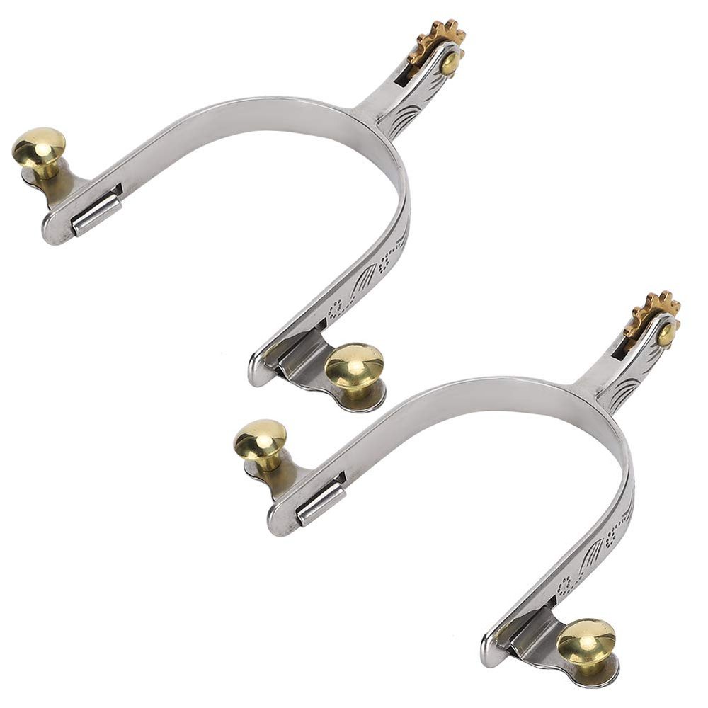KJAOYU 2PCS Leveling and Sturdy Stainless Steel Horse Spurs,Authentic Westerns Cowboy Gear Female Rider Design with Brass Rowel and Belt Button Perfect for Training and Show Riding