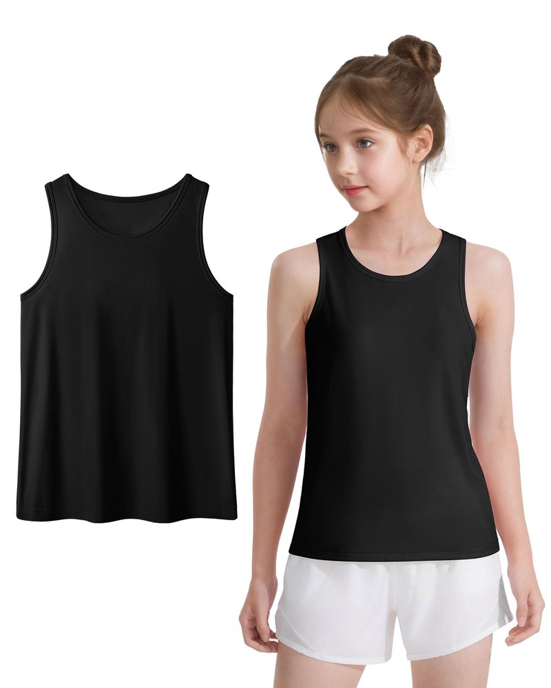 Auranso Girls Tank Tops Racerback Sleeveless UPF 50+ Quick Dry Athletic Shirts Sports Dance Workout Tops Black 13-14 Years