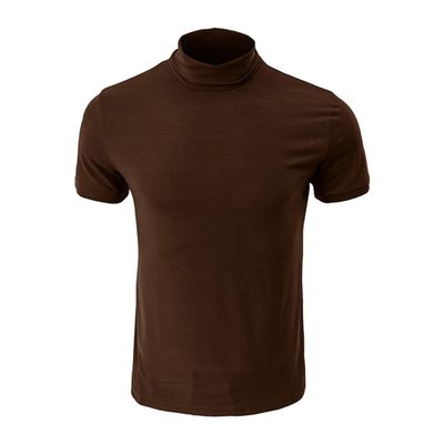 Gsywaipei Men's High Neck Short Sleeves Basic Casual Turtleneck Male T-Shirt Mock-Neck Slim Muscle Pullover Shirts (Small,Coffee Color)