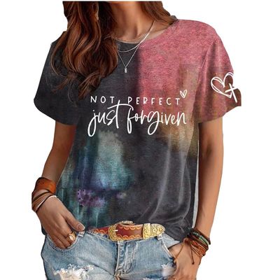 MOGUI Womens Christian T Shirts Not Perfect Just Forgiven Not Perfect Just Forgiven T Shirt V Neck Bible Cross Graphic Tee Fun Funny Casual Loose Tops Vneck T Shirts Christian Gift, 4X-Large, Tiedye