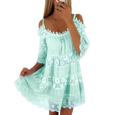 Women Summer Boho Lace Floral Cold Shoulder Midi Dress Spaghetti Strap Half Sleeve Casual Plus Size Flowy Beach Tunic Sun Dress