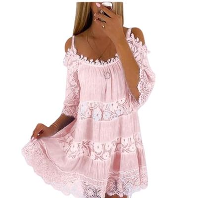 Women Summer Boho Lace Floral Cold Shoulder Midi Dress Spaghetti Strap Half Sleeve Casual Plus Size Flowy Beach Tunic Sun Dress