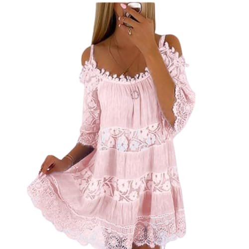 Women Summer Boho Lace Floral Cold Shoulder Midi Dress Spaghetti Strap Half Sleeve Casual Plus Size Flowy Beach Tunic Sun Dress