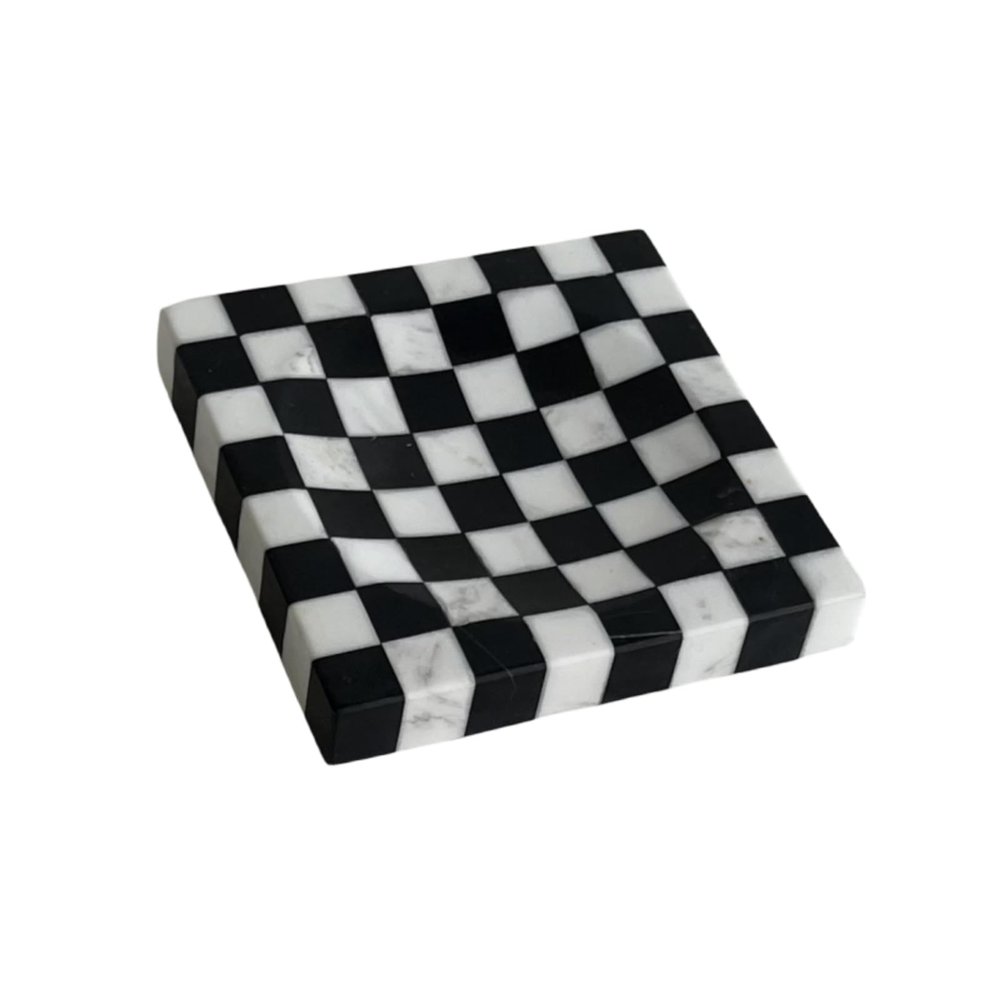 StonePlus Marble Stone Black and White Checkerboard Square Small Splicing Mosaic Tray Jewelry Dish (Black and White)