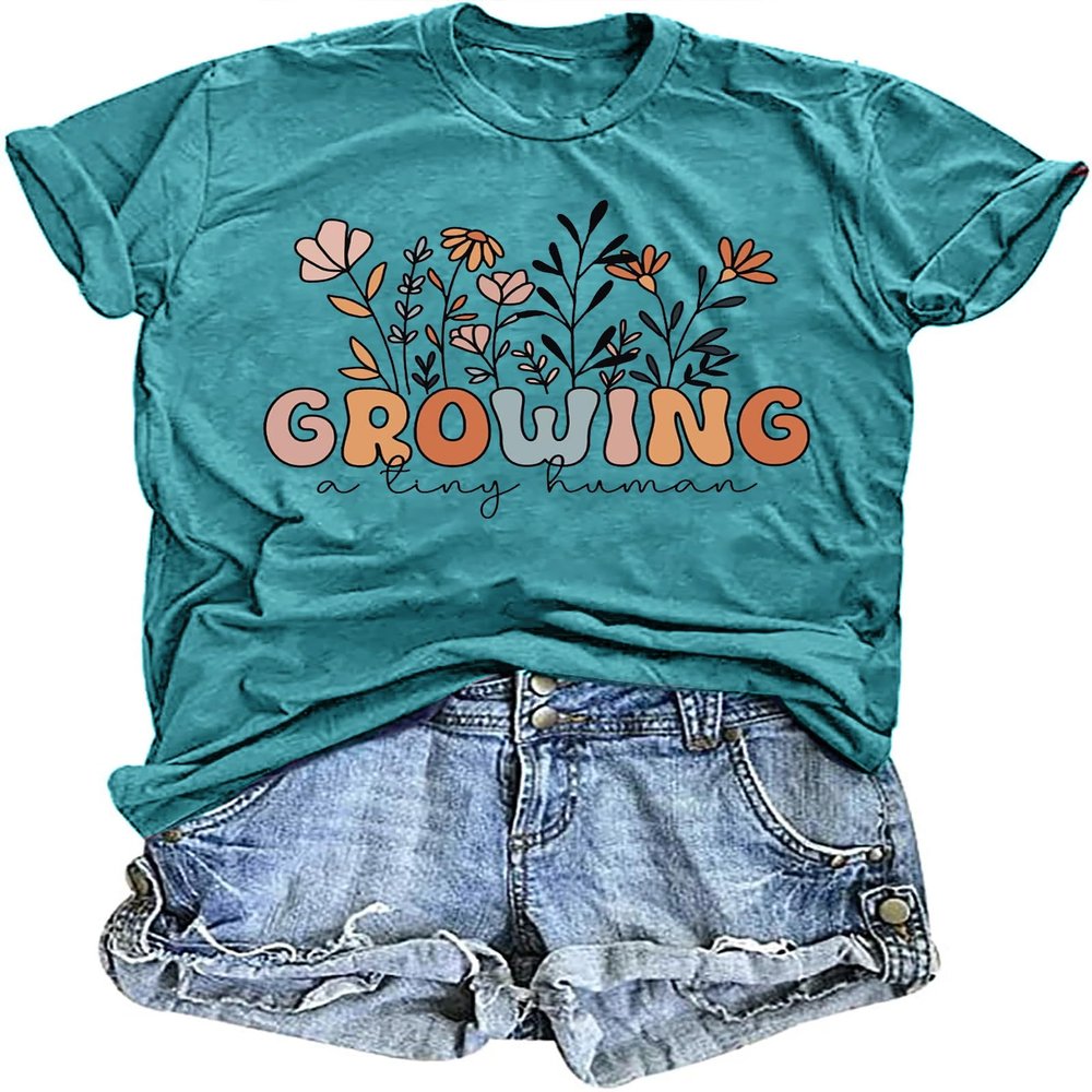 LAZYCHILD Pregnancy Announcement Shirt Women Growing Tiny Human Tshirt Floral Maternity Reveal Tee Pregnancy Tops Cyan