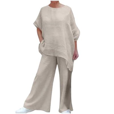 Womens Cotton Linen 2 Piece Outfits Set Loose Long Sleeve Shirts and Wide Leg Pants Suit with Pockets with Pockets