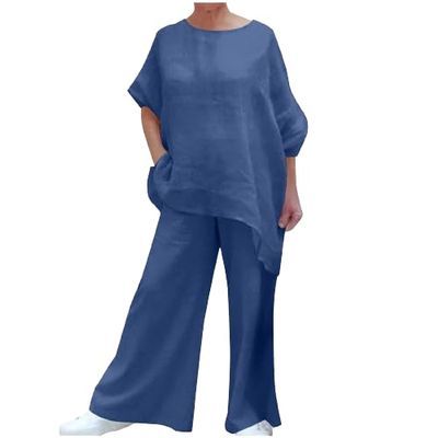 Womens Cotton Linen 2 Piece Outfits Set Loose Long Sleeve Shirts and Wide Leg Pants Suit with Pockets with Pockets