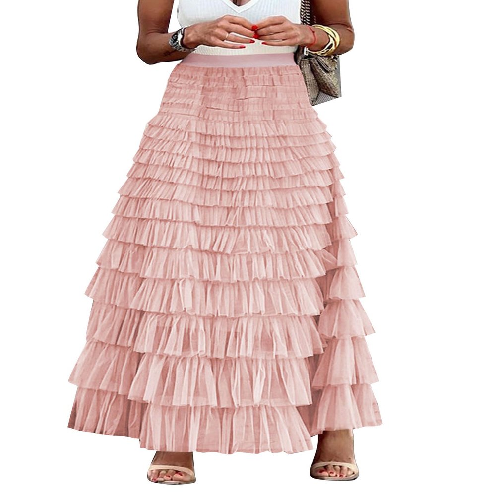 Flygo Women's Long Maxi Tulle Skirts A Line Ruffle High Waisted Tiered Layered Mesh Tutu Skirt Petticoat(Pink-M)
