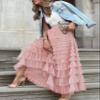 Flygo Women's Long Maxi Tulle Skirts A Line Ruffle High Waisted Tiered Layered Mesh Tutu Skirt Petticoat(Pink-M) view 2