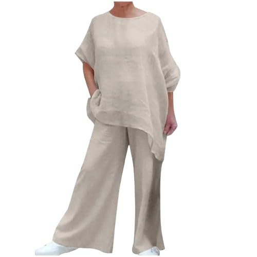 Womens Cotton Linen 2 Piece Outfits Set Loose Long Sleeve Shirts and Wide Leg Pants Suit with Pockets with Pockets