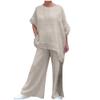 Womens Cotton Linen 2 Piece Outfits Set Loose Long Sleeve Shirts and Wide Leg Pants Suit with Pockets with Pockets view 1