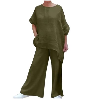 Womens Cotton Linen 2 Piece Outfits Set Loose Long Sleeve Shirts and Wide Leg Pants Suit with Pockets with Pockets