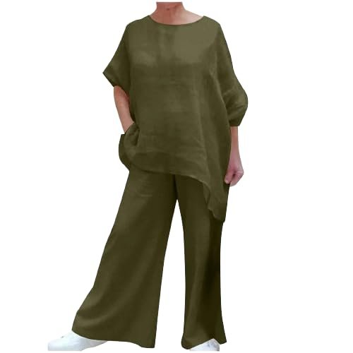 Womens Cotton Linen 2 Piece Outfits Set Loose Long Sleeve Shirts and Wide Leg Pants Suit with Pockets with Pockets