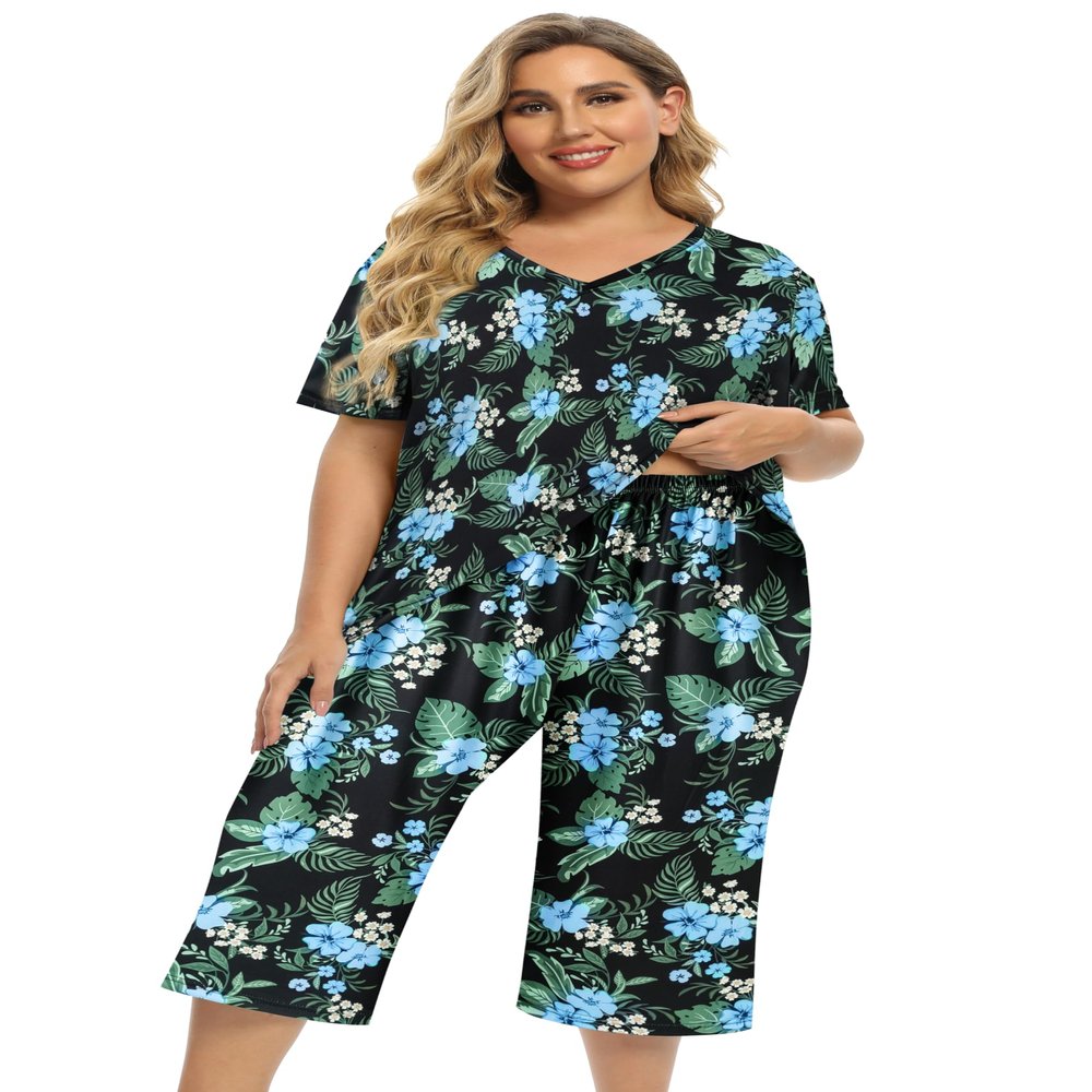 Vozanet Women's Pajamas Set Soft V Neck Sleepwear Top and Capri Pj Lounge Sets Plus Size Novel Floral Design Elegant Loungewear Capri Sets, Full Blue/Black, 3X-Large