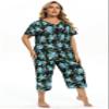 Vozanet Women's Pajamas Set Soft V Neck Sleepwear Top and Capri Pj Lounge Sets Plus Size Novel Floral Design Elegant Loungewear Capri Sets, Full Blue/Black, 3X-Large view 2