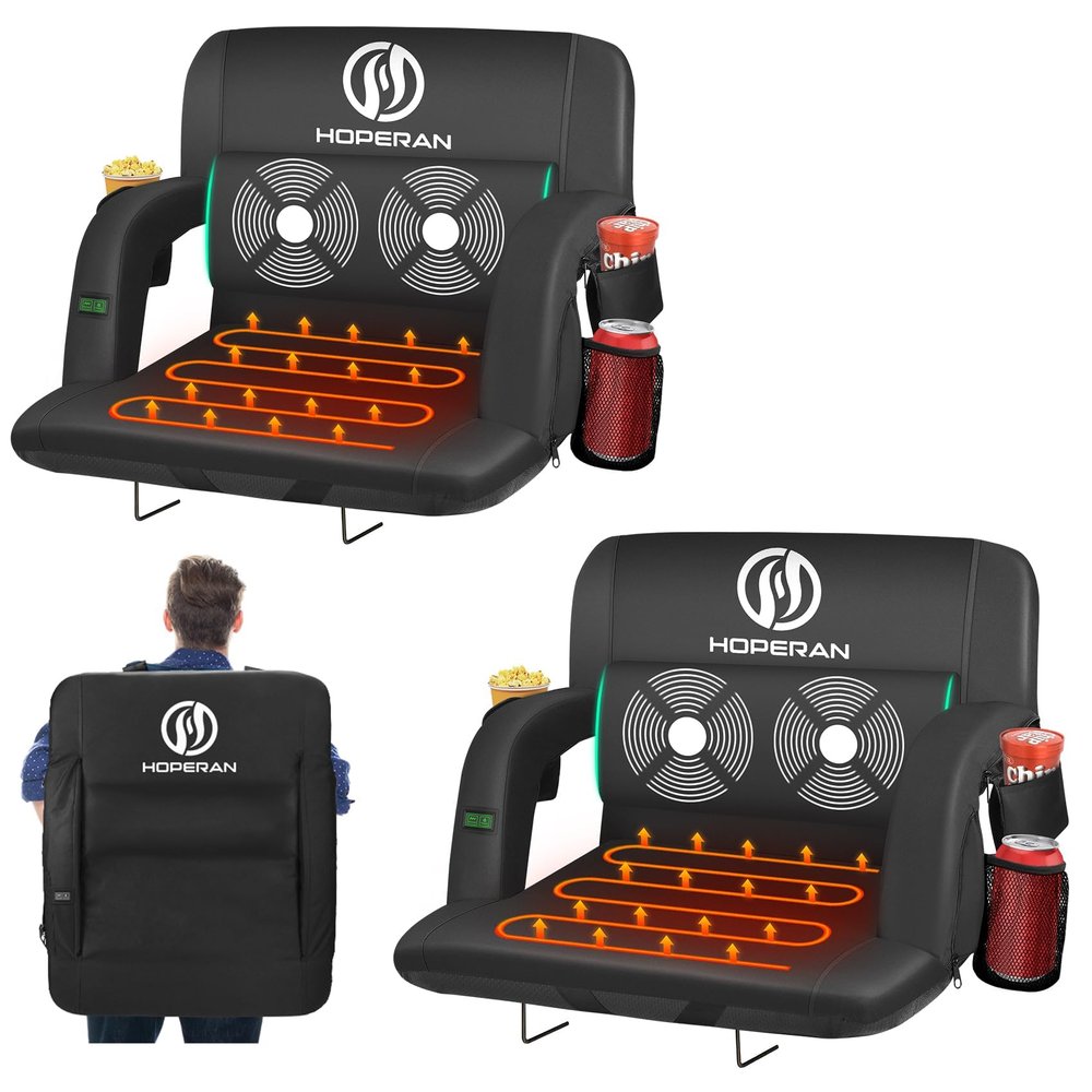 HOPERAN 21" 2pcs Massage Heated Stadium Seats for Bleachers with Back Support & Lumbar Pillow, 3 Level Heating & 6 Modes Massage Portable Heated Stadium Chairs for Bleachers