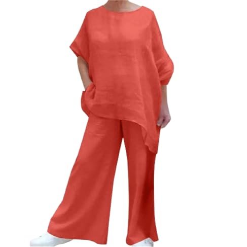 Womens Cotton Linen 2 Piece Outfits Set Loose Long Sleeve Shirts and Wide Leg Pants Suit with Pockets with Pockets
