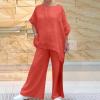 Womens Cotton Linen 2 Piece Outfits Set Loose Long Sleeve Shirts and Wide Leg Pants Suit with Pockets with Pockets view 2