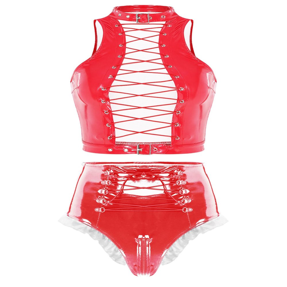 Agoky Women's 2pcs Metallic Leather Sets Latex Crop Top with Shorts Bottoms for Rave Dance Party Type C Red Large