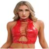 Agoky Women's 2pcs Metallic Leather Sets Latex Crop Top with Shorts Bottoms for Rave Dance Party Type C Red Large view 3