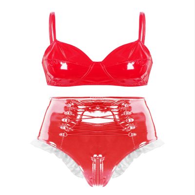 Agoky Women's 2pcs Metallic Leather Sets Latex Crop Top with Shorts Bottoms for Rave Dance Party Type A Red Large